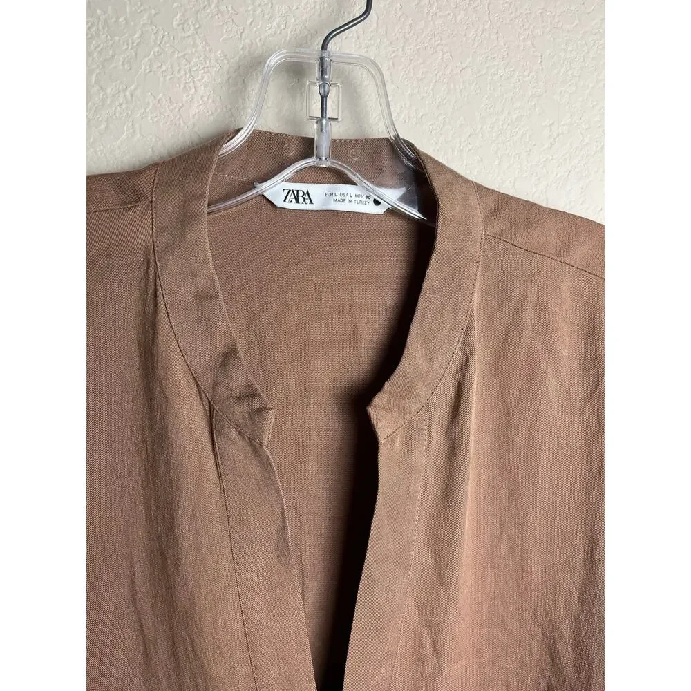 Zara | Women's Size L Notched Split Neck Hi-Low Tunic Brown Lyocell Shirt